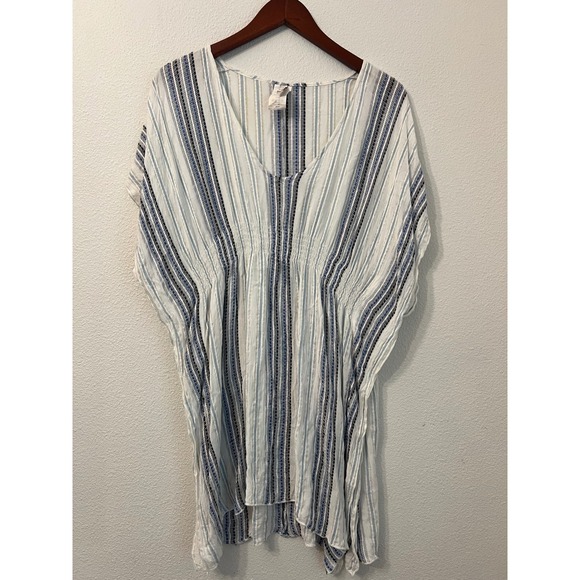BECCA White Blue Striped Metallic Cover Up Tunic Top Beach Swim Pool M/L - Picture 2 of 5